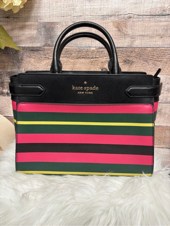 kate spade Handbags - Kate Spade Black w/ Pink, Green, and Yellow Striped Saffiano Leather Satchel